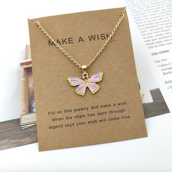 2/$30 Butterfly Wish Necklace Necklace Gold Tone Pastel Pink Memory Love Spring - Picture 1 of 4